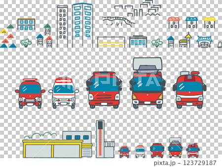 はたらくくるま　消防車と消防署と街並み　セットのストックイラスト素材 123729187