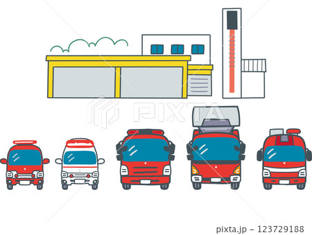 はたらくくるま　消防車と消防署　セットのストックイラスト素材 123729188