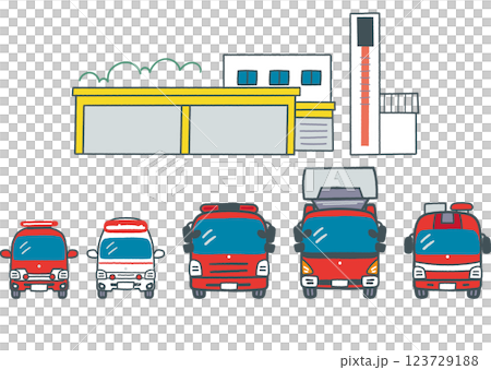 工作車輛、消防車和消防局的庫存插圖素材 123729188
