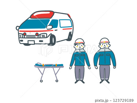 救急車と救急隊員　セットのストックイラスト素材 123729189