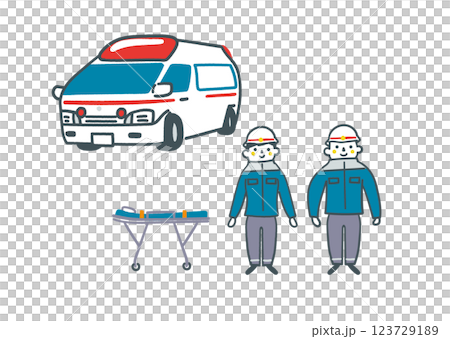 救急車と救急隊員　セットのストックイラスト素材 123729189