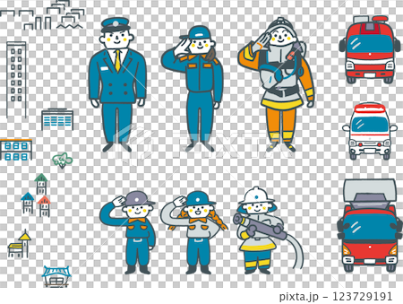 ぼくらがあこがれる消防の仕事とはたらくくるま セットのストックイラスト素材 ぼくらがあこがれる消防の仕事とはたらくくるま セットのストックイラスト素材 123729191