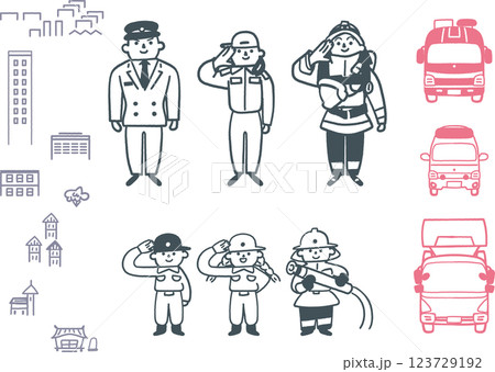 ぼくらがあこがれる消防の仕事とはたらくくるま　セットのストックイラスト素材	 123729192