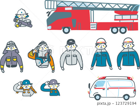 ぼくらがあこがれる消防の仕事とはたらくくるま セットのストックイラスト素材 ぼくらがあこがれる消防の仕事とはたらくくるま セットのストックイラスト素材 123729194