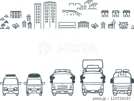 はたらくくるま　消防車と街並み　モノクロセットのストックイラスト素材 123729197