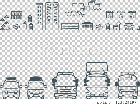 はたらくくるま　消防車と街並み　モノクロセットのストックイラスト素材 123729197