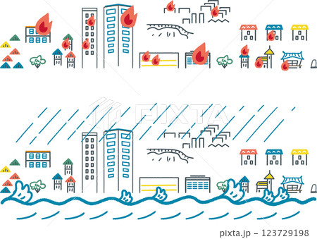 大災害 大火事に見舞われる街並みと大雨に遭う街並み セットのストックイラスト素材 大災害 大火事に見舞われる街並みと大雨に遭う街並み セットのストックイラスト素材 123729198