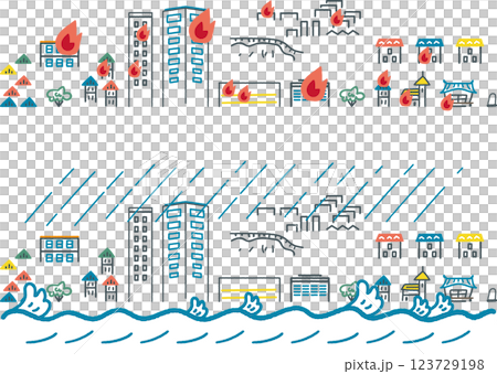 Major disaster: A cityscape hit by a major fire and a cityscape hit by heavy rain - set of stock illustrations Major disaster: A cityscape hit by a major fire and a cityscape hit by heavy rain - set of stock illustrations 123729198