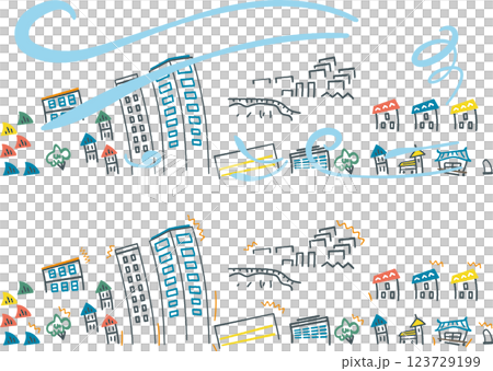 重大災難：一組遭受颱風襲擊的城市景觀和遭受地震襲擊的城市景觀的庫存插圖 123729199
