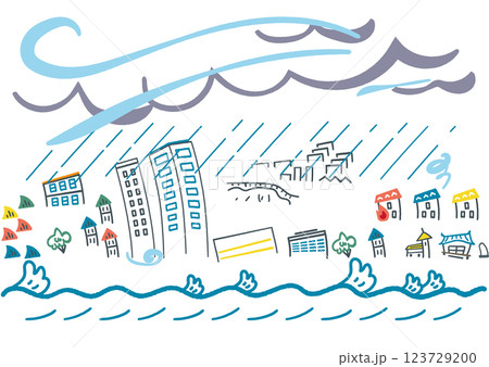 大災害　大火事に見舞われる街並み大雨に遭う街並み　ストックイラスト素材 123729200