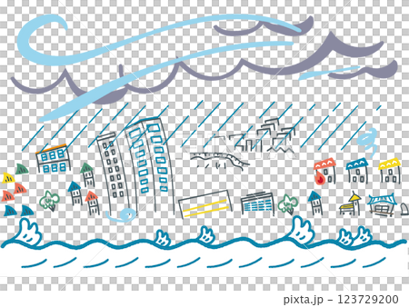 重大災難：遭受大火災的城市景觀遭受大雨的城市景觀庫存插圖素材 123729200