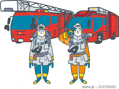 消防署で働く人々　二人の消防士と消防車　セットのストックイラスト素材 123729201