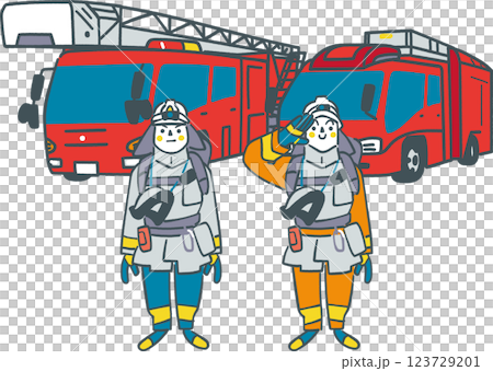 消防署で働く人々　二人の消防士と消防車　セットのストックイラスト素材 123729201
