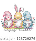Cute Easter Gnomes in Pastel Hats with Bunny Ears, Flowers, and Eggs 123729276