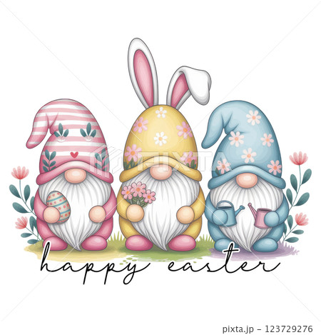 Cute Easter Gnomes in Pastel Hats with Bunny Ears, Flowers, and Eggs 123729276
