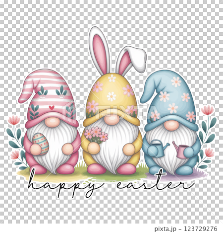 Cute Easter Gnomes in Pastel Hats with Bunny Ears, Flowers, and Eggs 123729276