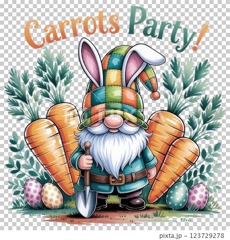 Whimsical Easter Gnome with Bunny Hat and Carrots. Carrot Party Fun Whimsical Easter Gnome with Bunny Hat and Carrots. Carrot Party Fun 123729278