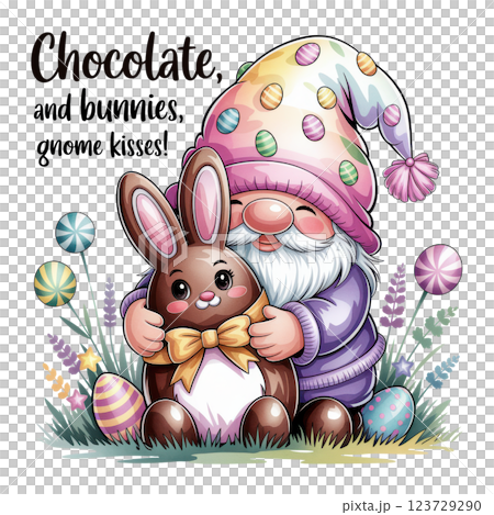 Adorable Easter Gnome Hugging Chocolate Bunny. Sweet Springtime Joy Adorable Easter Gnome Hugging Chocolate Bunny. Sweet Springtime Joy 123729290