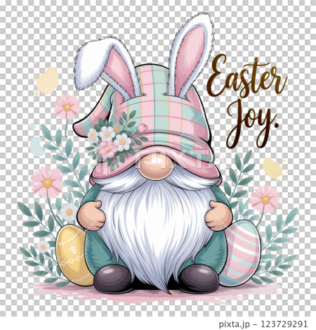 Elegant Easter Gnome with Bunny Hat and Floral Details. Springtime Joy Elegant Easter Gnome with Bunny Hat and Floral Details. Springtime Joy 123729291