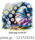 Whimsical Easter Gnome Wizard with Bunny and Fireflies in a Magical Night 123729292