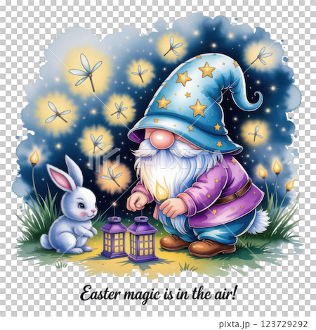 Whimsical Easter Gnome Wizard with Bunny and Fireflies in a Magical Night Whimsical Easter Gnome Wizard with Bunny and Fireflies in a Magical Night 123729292