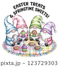 Adorable Easter Gnomes Sharing Treats at a Picnic with Cupcakes and Bunny 123729303