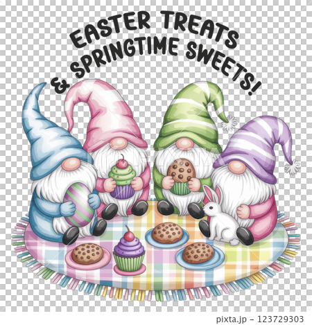 Adorable Easter Gnomes Sharing Treats at a Picnic with Cupcakes and Bunny Adorable Easter Gnomes Sharing Treats at a Picnic with Cupcakes and Bunny 123729303