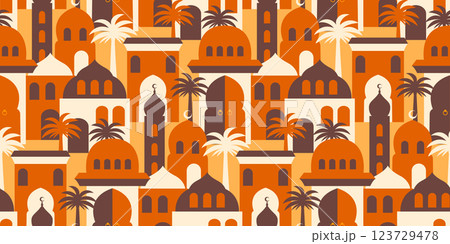 Ramadan Kareem concept middle eastern, islamic city or village scene seamless pattern: Arabic style background 123729478