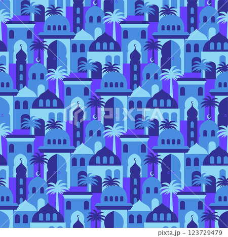 Ramadan Kareem concept middle eastern, islamic old city or oriental traditional village scene seamless pattern 123729479