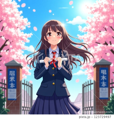 校舎の前に立つ制服を着た女子高生 123729497