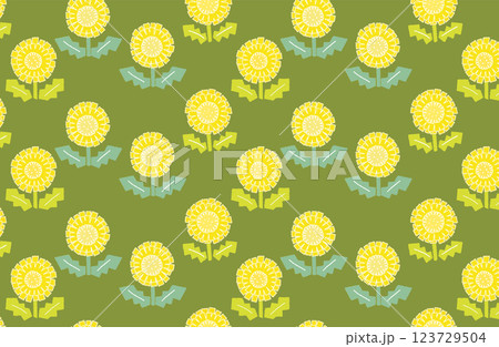 たんぽぽのシームレスパターン1(背景黄緑) たんぽぽのシームレスパターン1(背景黄緑) 123729504