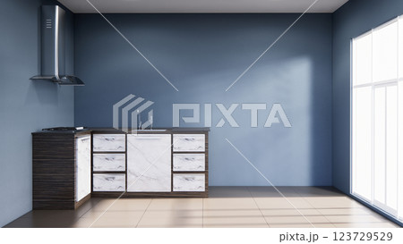 Scene blue Kitchen room scene mock up . 3D rendering 123729529