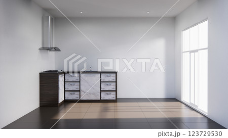 white kitchen room scene mockup and set shaped kitchen design. 3d rendering 123729530