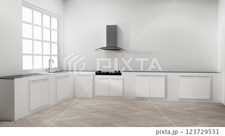 white kitchen room scene mockup and set shaped kitchen design. 3d rendering 123729531