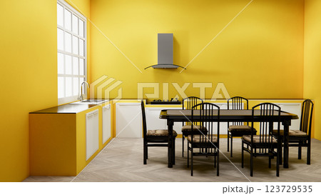 Mock up yellow dinner room mock up.3D rendering Mock up yellow dinner room mock up.3D rendering 123729535