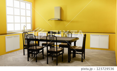 Mock up yellow dinner room mock up.3D rendering 123729536