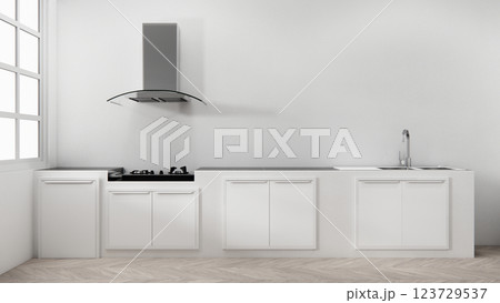 white kitchen room scene mockup and set shaped kitchen design. 3d rendering white kitchen room scene mockup and set shaped kitchen design. 3d rendering 123729537