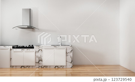 white kitchen room scene mockup and set shaped kitchen design. 3d rendering 123729540
