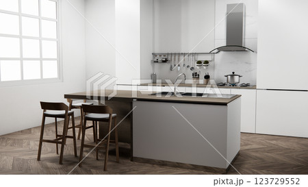 Kitchen bar on set kitchen shaped modern style white and wood concept. 3d rendering 123729552