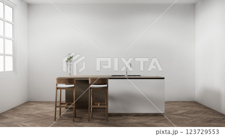 Kitchen bar on set kitchen shaped modern style white and wood concept. 3d rendering 123729553