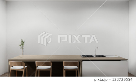 Kitchen bar on set kitchen shaped modern style white and wood concept. 3d rendering Kitchen bar on set kitchen shaped modern style white and wood concept. 3d rendering 123729554