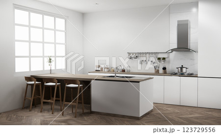 Kitchen bar on set kitchen shaped modern style white and wood concept. 3d rendering Kitchen bar on set kitchen shaped modern style white and wood concept. 3d rendering 123729556