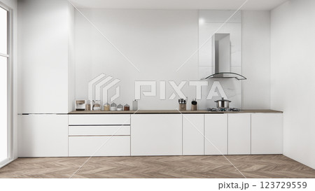 white kitchen room scene mockup and set shaped kitchen design. 3d rendering 123729559