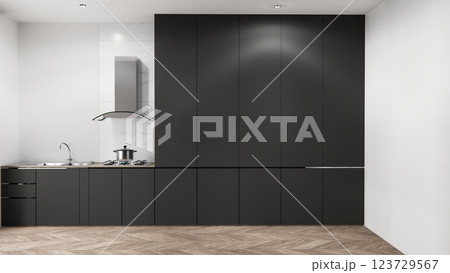 blank concept kitchen room scene mockup and set shaped kitchen design. 3d rendering 123729567