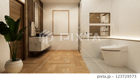 White Toilet and decoartion on modern zen toilet room japan style .3D rendering 123729573