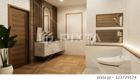 White Toilet and decoartion on modern zen toilet room japan style .3D rendering 123729574