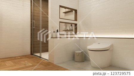 White Toilet and decoartion on modern zen toilet room japan style .3D rendering 123729575