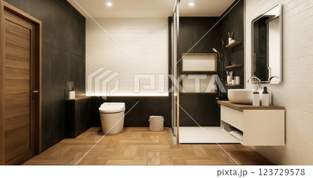 Two tone black and white Mockup scene bathroom with shower and Toilet and decoration on modern toilet room japanese style .3D rendering 123729578