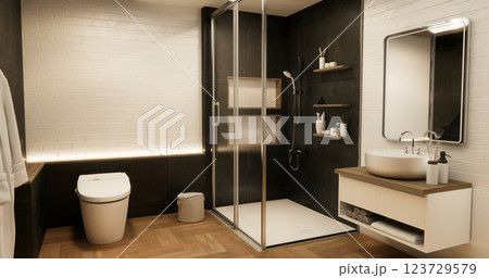 Two tone black and white Mockup scene bathroom with shower and Toilet and decoration on modern toilet room japanese style .3D rendering 123729579