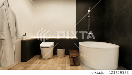 Two tone black and white Mockup scene bathroom with shower and Toilet and decoration on modern toilet room japanese style .3D rendering 123729588